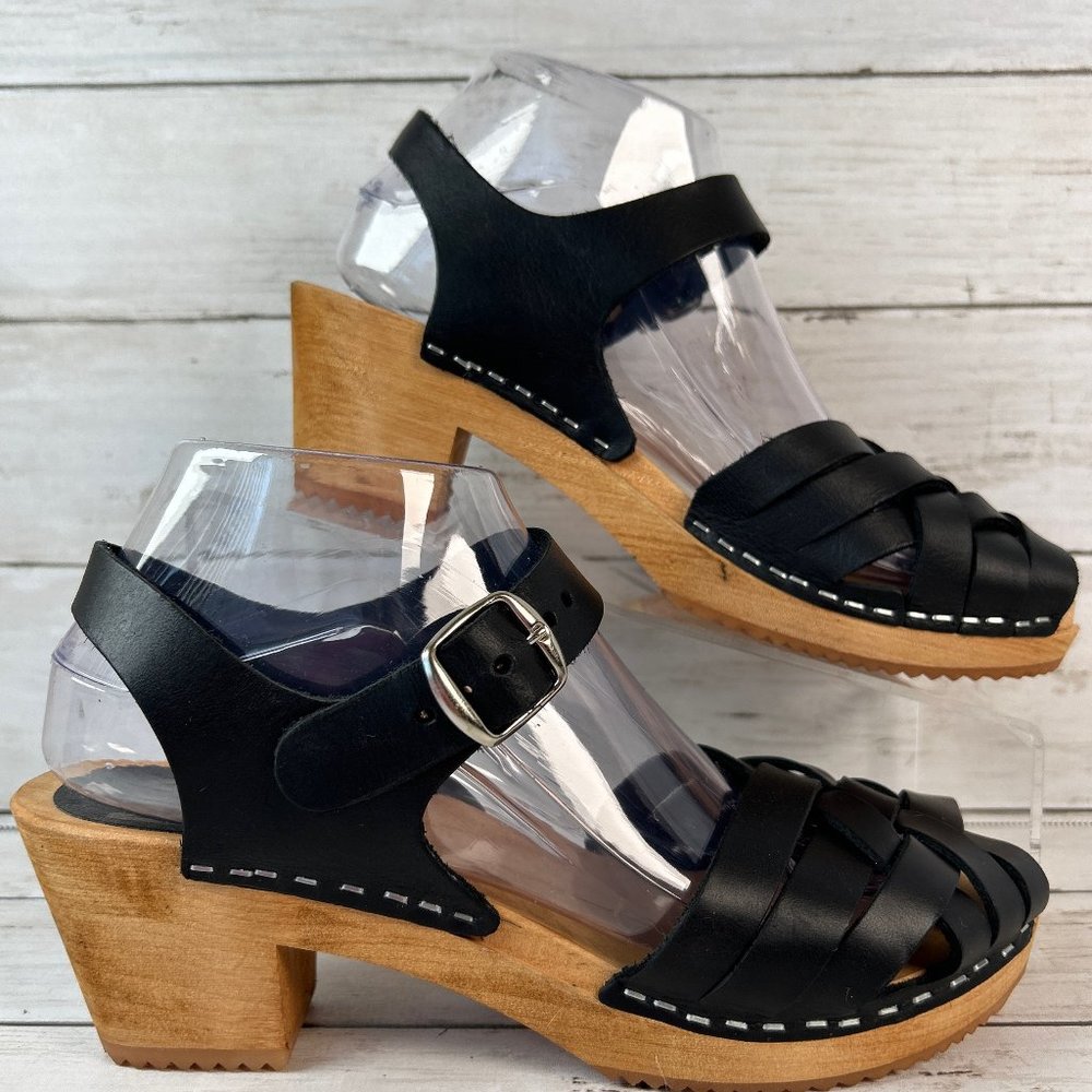 MIA Bety Sandals Womens 9M Black Leather Peep Toe Wooden Clogs Woven Adjustable - Picture 1 of 11